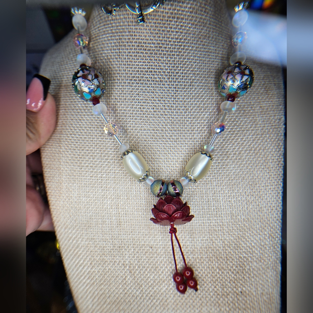SOLD-Artisan Quadruple Threat Cloisonne, Cinnabar, & Moonglow, w/ Rubies -  Set - Picture 7 of 11
